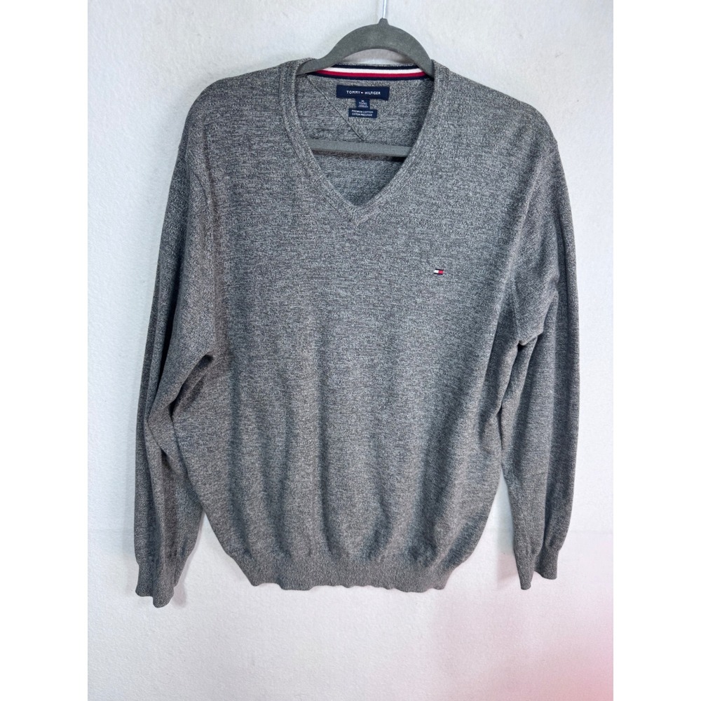 Tommy Hilfiger Men's Gray V Neck Sweater Premium Cotton Knit Classic Logo Preppy